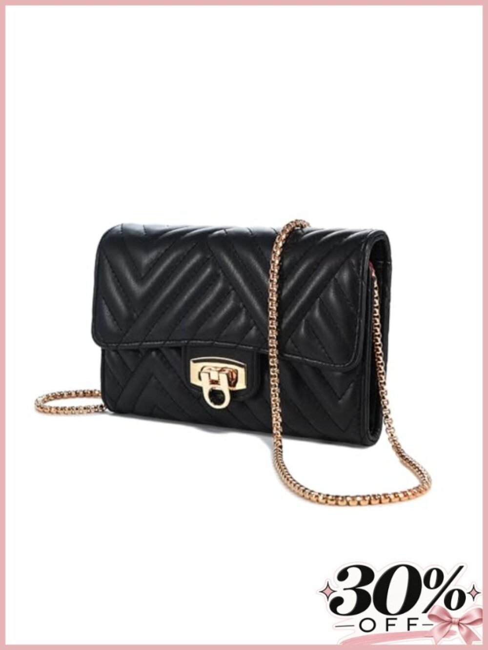 Chevron Quilted Faux Leather Crossbody Bag Adjustable Chain Strap Lightweight